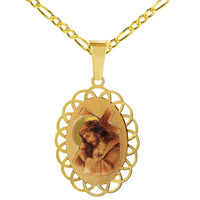 Load image into Gallery viewer, 14k Yellow Gold Jesus Christ Carrying the Cross Oval Picture Medal Pendant with Rolo Cable, Cuban Curb, or Figaro Chain Necklace
