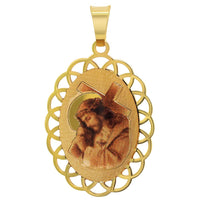 Load image into Gallery viewer, 14k Yellow Gold Jesus Christ Carrying the Cross Oval Picture Medal Pendant with Rolo Cable, Cuban Curb, or Figaro Chain Necklace
