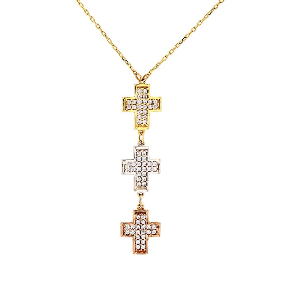 Religious by Jewelry America High Polish 14K Gold Tri-Color Dangling Cross Pendant Necklace 16" with Cubic Zirconia Gemstones