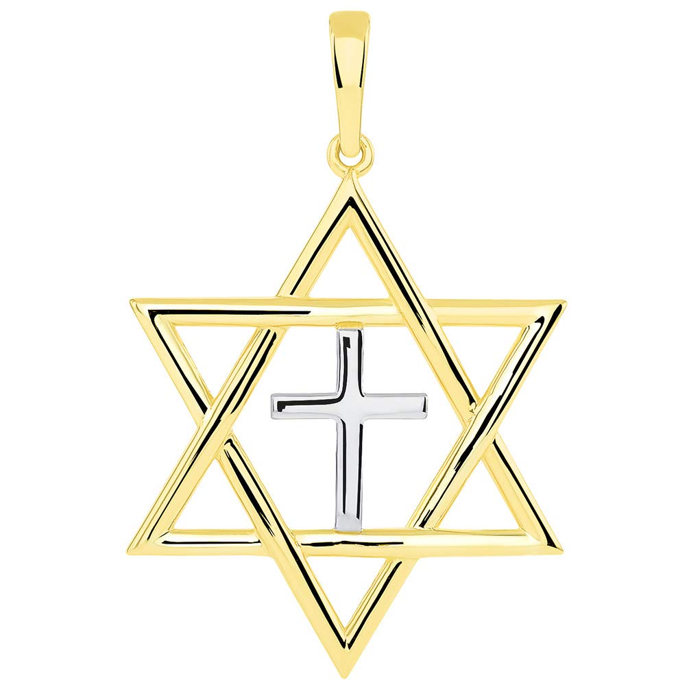 14k Yellow Gold Jewish Hebrew Star of David with Religious Cross Judeo Christian Pendant (Medium)