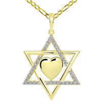 Load image into Gallery viewer, 14k Yellow Gold Jewish Love CZ Star of David with Heart Pendant Figaro Necklace
