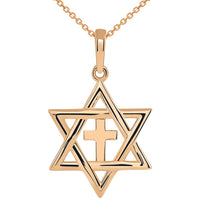 Load image into Gallery viewer, 14k Rose Gold Jewish Star of David with Beautiful Religious Cross Judeo Christian Pendant Necklace
