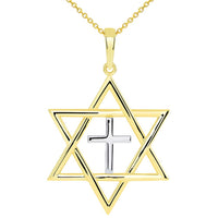 Load image into Gallery viewer, 14k Yellow Gold Medium Jewish Star of David with Religious Cross Judeo Christian Pendant Necklace
