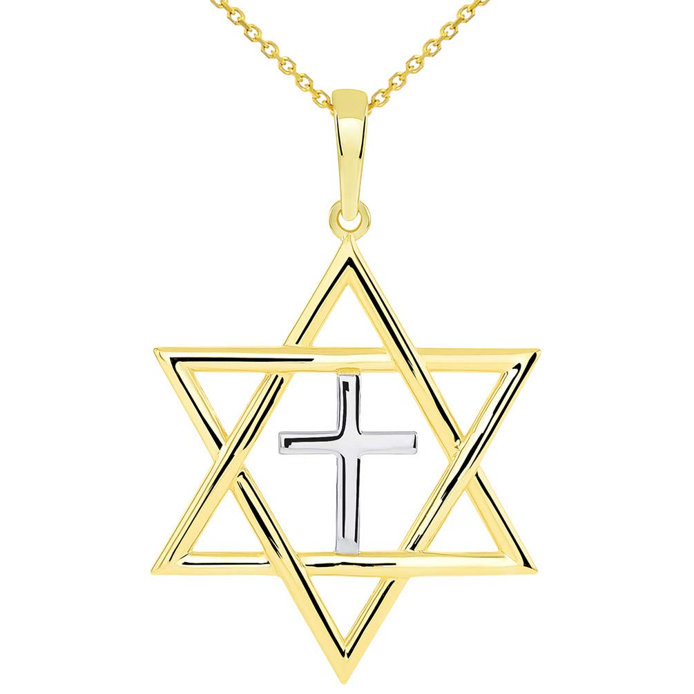 14k Yellow Gold Medium Jewish Star of David with Religious Cross Judeo Christian Pendant Necklace