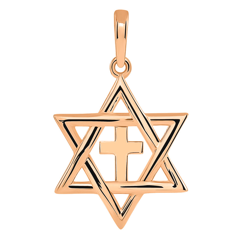 14k Rose Gold Jewish Star of David with Religious Cross Judeo Christian Pendant (Small)