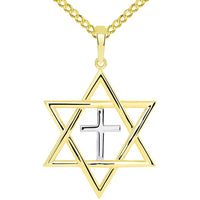 Load image into Gallery viewer, 14k Yellow Gold Medium Jewish Star of David with Religious Cross Judeo Christian Pendant Cuban Necklace
