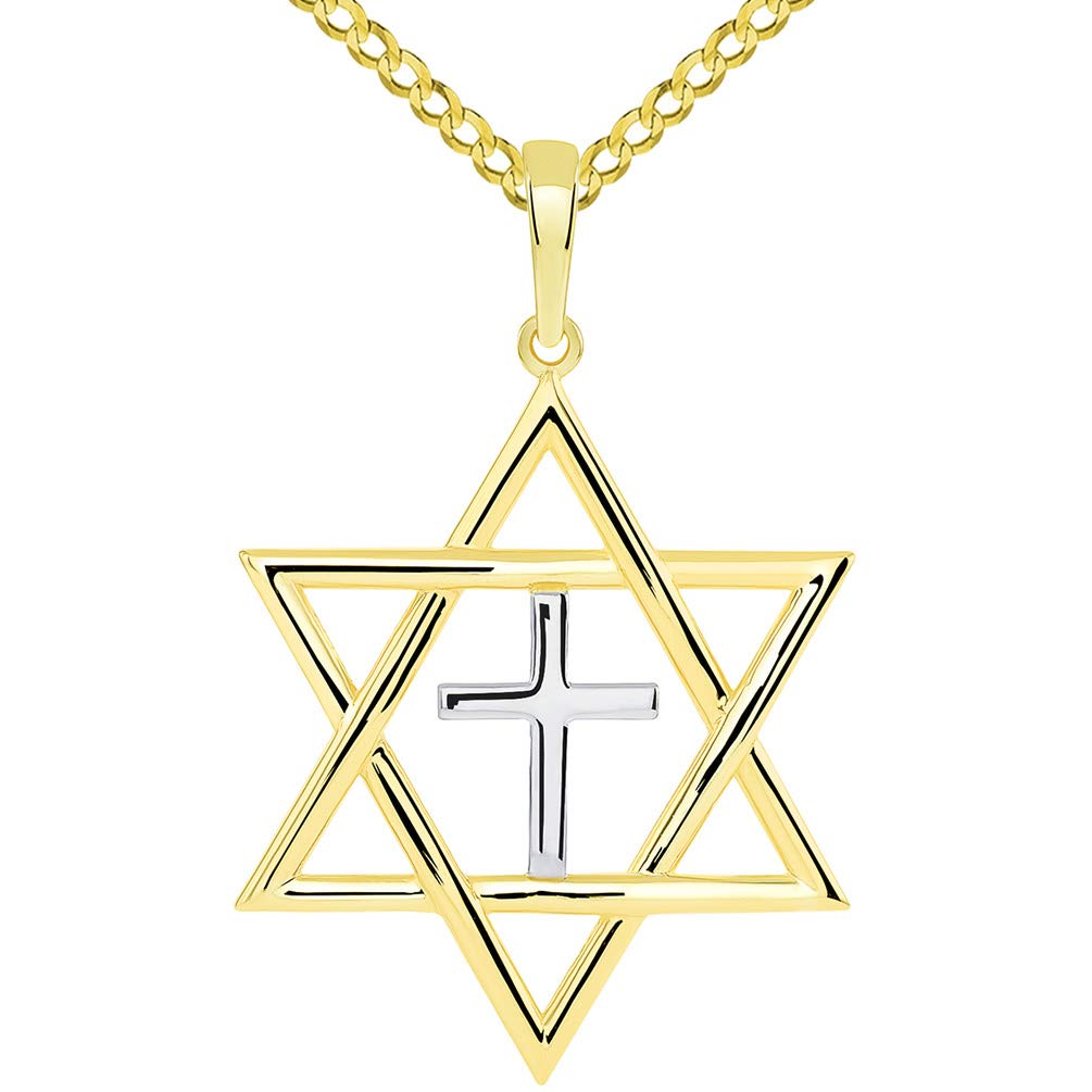 14k Yellow Gold Medium Jewish Star of David with Religious Cross Judeo Christian Pendant Cuban Necklace