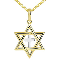 Load image into Gallery viewer, 14k Yellow Gold Jewish Star of David with Religious Cross Judeo Christian Pendant Cuban Necklace

