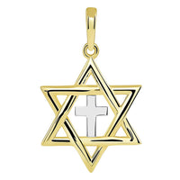 Load image into Gallery viewer, 14k Yellow Gold Jewish Star of David with Religious Cross Judeo Christian Pendant Cuban Necklace
