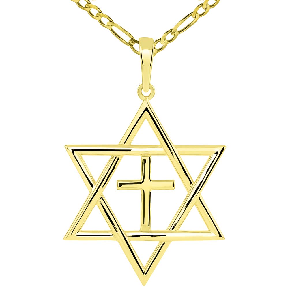 14k Yellow Gold Jewish Star of David with Religious Cross Judeo Christian Pendant - Available with Rolo, Curb, or Figaro Chain Necklaces