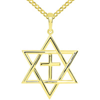 Load image into Gallery viewer, 14k Yellow Gold Jewish Star of David with Religious Cross Judeo Christian Pendant - Available with Rolo, Curb, or Figaro Chain Necklaces
