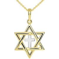 Load image into Gallery viewer, 14k Yellow Gold Jewish Star of David with a Religious Cross Judeo Christian Pendant Necklace
