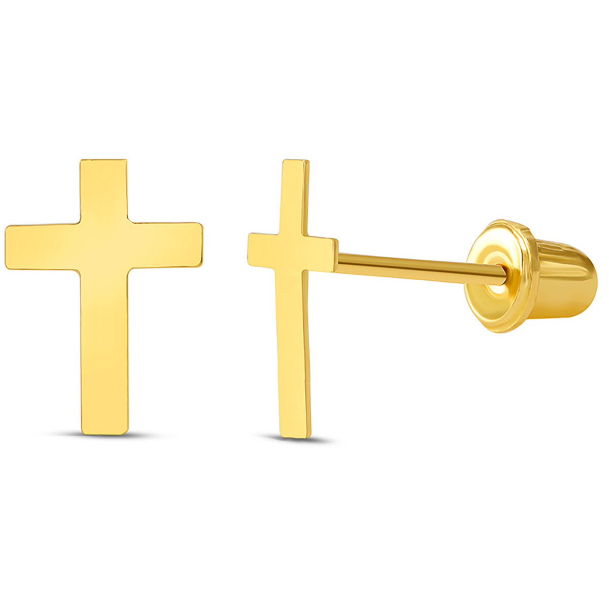 14k Yellow Gold Dainty Christian Cross Stud Earrings with Screw Back - Half Inch Height