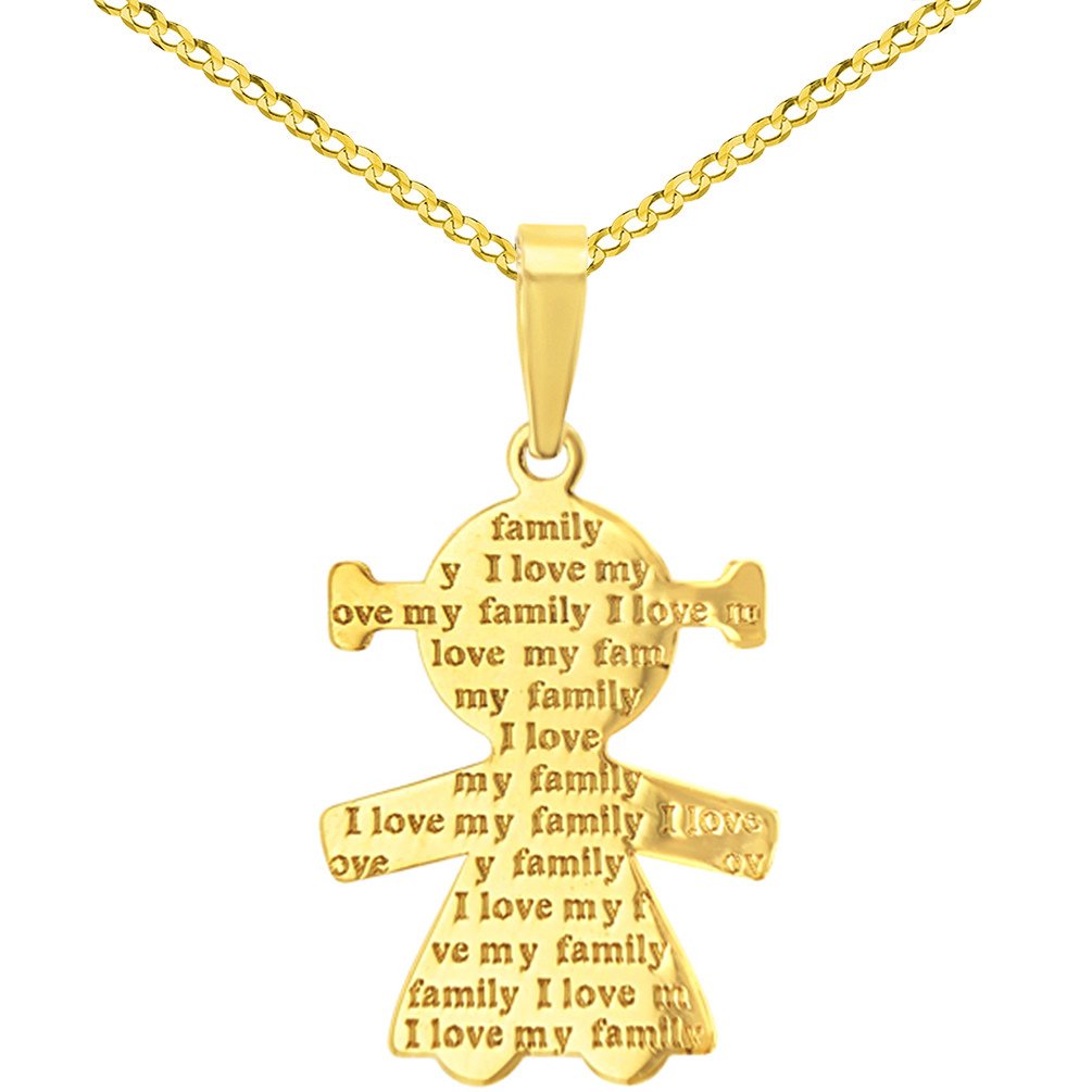 14K Yellow Gold Little Girl Charm with I Love My Family Engraved Script Pendant Cuban Chain Necklace
