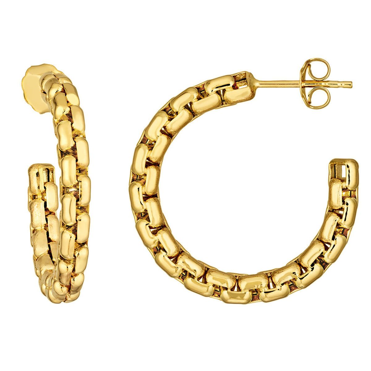 14K Yellow Gold Round Box Chain Hoop Earrings with Push Back