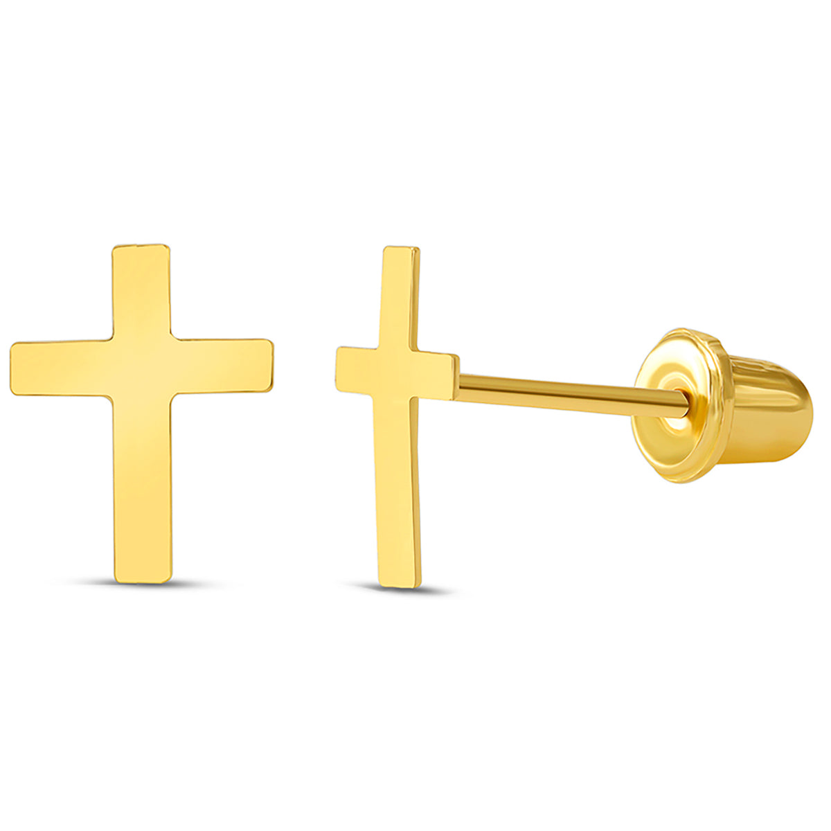 14k Yellow Gold Dainty Christian Cross Stud Earrings with Screw Back