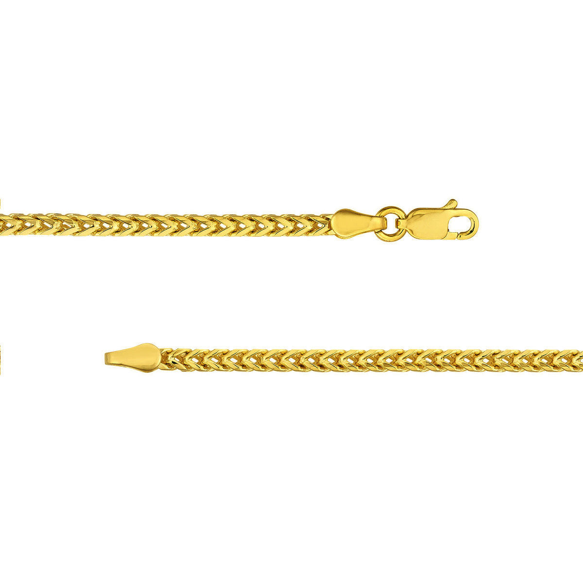 Semi-Solid 14k Yellow Gold 2.5mm Franco Chain Necklace with Lobster Lock - Diamond-Cut