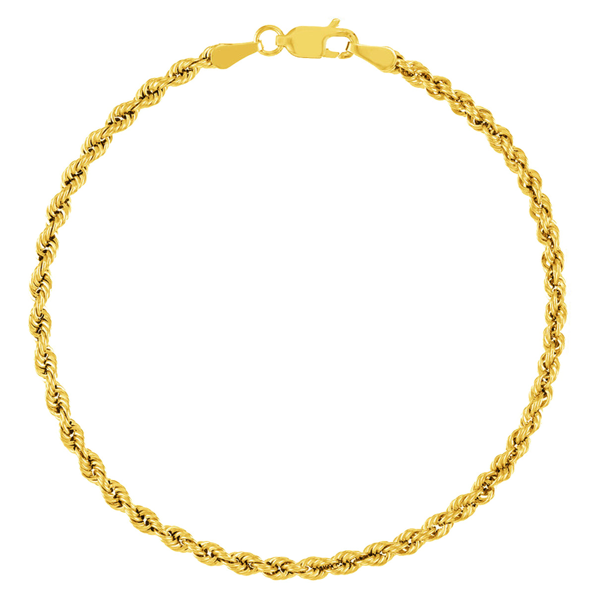 14k Yellow Gold Hollow 4mm Rope Chain Bracelet with Lobster Lock - Light Rope Chain Bracelet with Diamond Cut