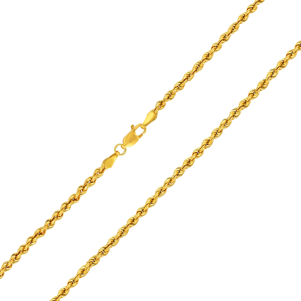 14k Yellow Gold Hollow 2mm Rope Chain Necklace with Lobster Lock - Light Rope Chain