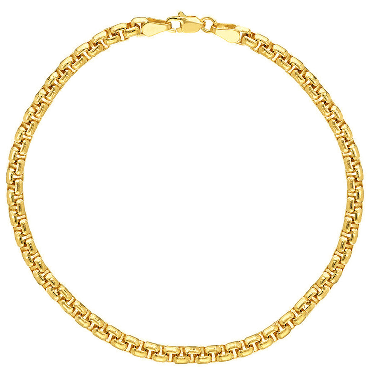 Solid 14k Yellow Gold 5mm Round Box Chain Bracelet with Lobster Lock, 8"