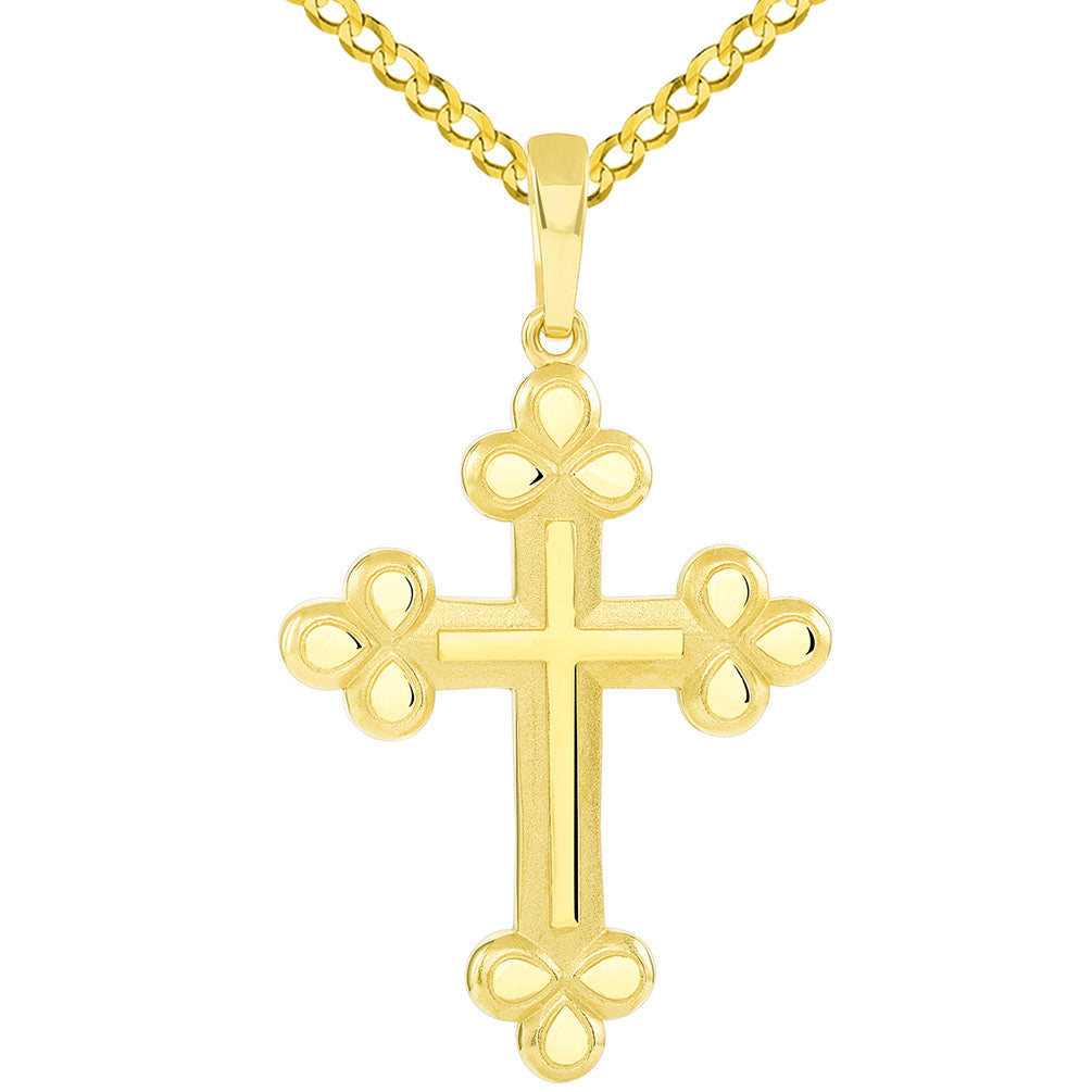 14k Gold Polished and Matte Finish Christian Eastern Orthodox Cross Pendant with Cuban Necklace - Yellow Gold