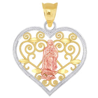Load image into Gallery viewer, 14k Yellow and Rose Gold Milgrain-Edged Filigree Our Lady of Guadalupe Heart Pendant
