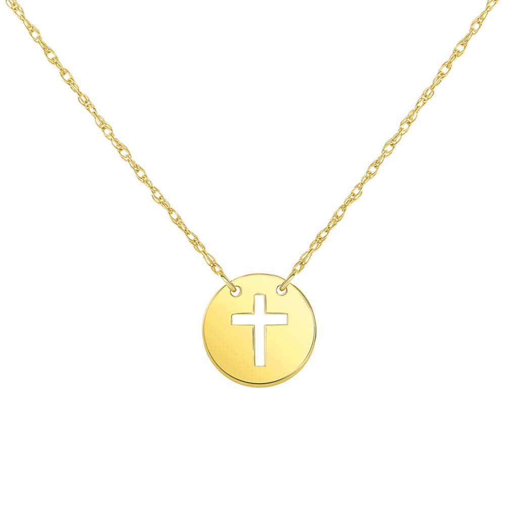 14k Yellow Gold Mini Christian Cross Disc Necklace with Spring Ring Clasp (16" to 18" Adjustable Chain)