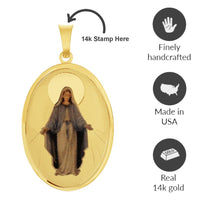 Load image into Gallery viewer, 14k Yellow Gold Miraculous Medallion of the Virgin Mary Picture Pendant with Cable, Cuban Curb, or Figaro Chain Necklaces
