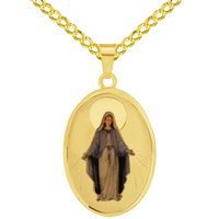 Load image into Gallery viewer, 14k Yellow Gold Miraculous Medallion of the Virgin Mary Picture Pendant with Cable, Cuban Curb, or Figaro Chain Necklaces
