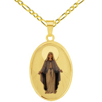Load image into Gallery viewer, 14k Yellow Gold Miraculous Medallion of the Virgin Mary Picture Pendant with Cable, Cuban Curb, or Figaro Chain Necklaces
