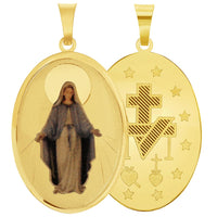Load image into Gallery viewer, 14k Yellow Gold Miraculous Medallion of the Virgin Mary Picture Pendant with Cable, Cuban Curb, or Figaro Chain Necklaces

