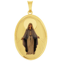 Load image into Gallery viewer, 14k Yellow Gold Miraculous Medallion of the Virgin Mary Picture Pendant with Cable, Cuban Curb, or Figaro Chain Necklaces

