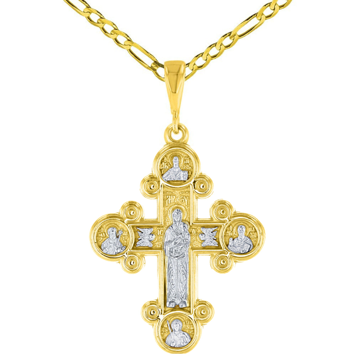14K Gold Mother of God Virgin Mary with Jesus & Saints Cross Pendant Figaro Chain Necklace - Yellow Gold