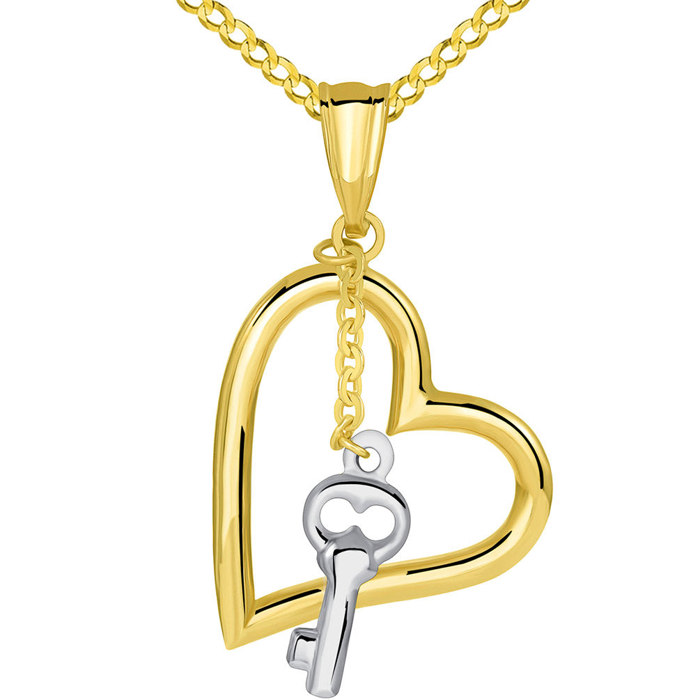 14k Two Tone Gold Open Heart Pendant with White Gold Dangling Key Charm Cuban Necklace