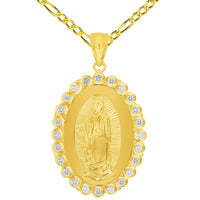 Load image into Gallery viewer, 14k Yellow Gold Our Lady Of Guadalupe Elegant Oval Cubic Zirconia Medallion Pendant with Cable, Cuban Curb, or Figaro Chain Necklaces
