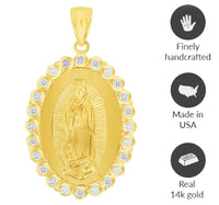 Load image into Gallery viewer, 14k Yellow Gold Our Lady Of Guadalupe Elegant Oval Cubic Zirconia Medallion Pendant with Cable, Cuban Curb, or Figaro Chain Necklaces
