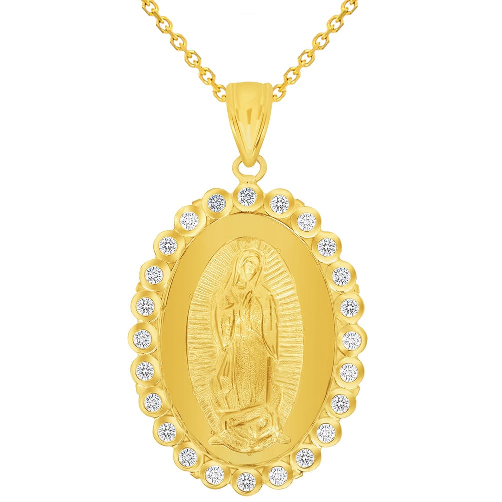 14k Yellow Gold Our Lady Of Guadalupe Elegant Oval Cubic Zirconia Medallion Pendant with Cable, Cuban Curb, or Figaro Chain Necklaces