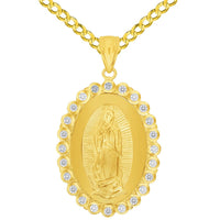 Load image into Gallery viewer, 14k Yellow Gold Our Lady Of Guadalupe Elegant Oval Cubic Zirconia Medallion Pendant with Cable, Cuban Curb, or Figaro Chain Necklaces
