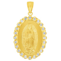 Load image into Gallery viewer, 14k Yellow Gold Our Lady Of Guadalupe Elegant Oval Cubic Zirconia Medallion Pendant with Cable, Cuban Curb, or Figaro Chain Necklaces
