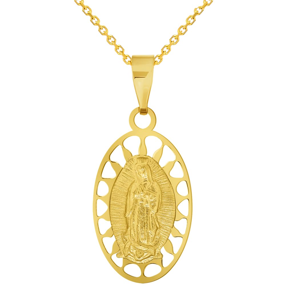 14k Yellow Gold Our Lady Of Guadalupe Elegant Oval Medallion Pendant with Rolo Cable, Cuban Curb, or Figaro Chain Necklace