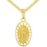 Load image into Gallery viewer, 14k Yellow Gold Our Lady Of Guadalupe Elegant Oval Medallion Pendant with Rolo Cable, Cuban Curb, or Figaro Chain Necklace
