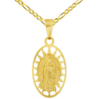 Load image into Gallery viewer, 14k Yellow Gold Our Lady Of Guadalupe Elegant Oval Medallion Pendant with Rolo Cable, Cuban Curb, or Figaro Chain Necklace

