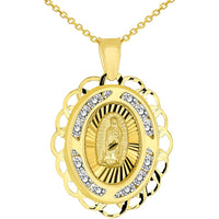 Load image into Gallery viewer, 14k Yellow Gold Fancy Our Lady of Guadalupe Mary CZ Studded Oval Medallion Charm Pendant Necklace
