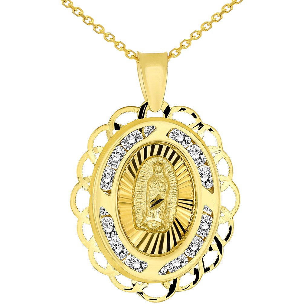 14k Yellow Gold Fancy Our Lady of Guadalupe Mary CZ Studded Oval Medallion Charm Pendant Necklace