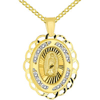 Load image into Gallery viewer, 14k Yellow Gold Fancy Our Lady of Guadalupe Mary CZ Studded Oval Medallion Charm Pendant Cuban Necklace
