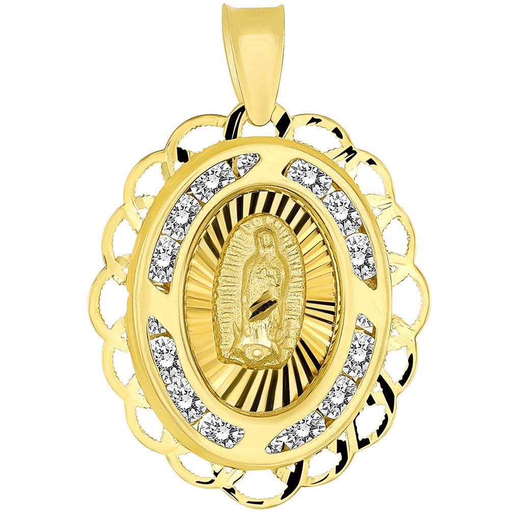 14k Yellow Gold Fancy Our Lady of Guadalupe Mary CZ Studded Oval Medallion Charm Pendant