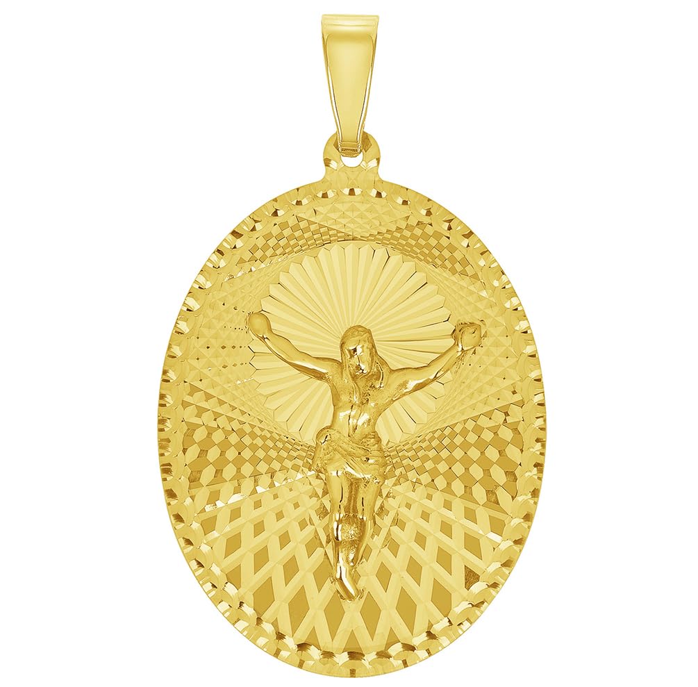 14k Yellow Gold Oval Shape Jesus Crucifix Charm Textured Medallion Pendant - 4 Sizes