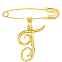 Load image into Gallery viewer, 14k Yellow Gold Elegant Script Letter Cursive Initial Charm with Safety Pin Brooch - A to Z
