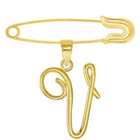 Load image into Gallery viewer, 14k Yellow Gold Elegant Script Letter Cursive Initial Charm with Safety Pin Brooch - A to Z
