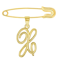 Load image into Gallery viewer, 14k Yellow Gold Elegant Script Letter Cursive Initial Charm with Safety Pin Brooch - A to Z
